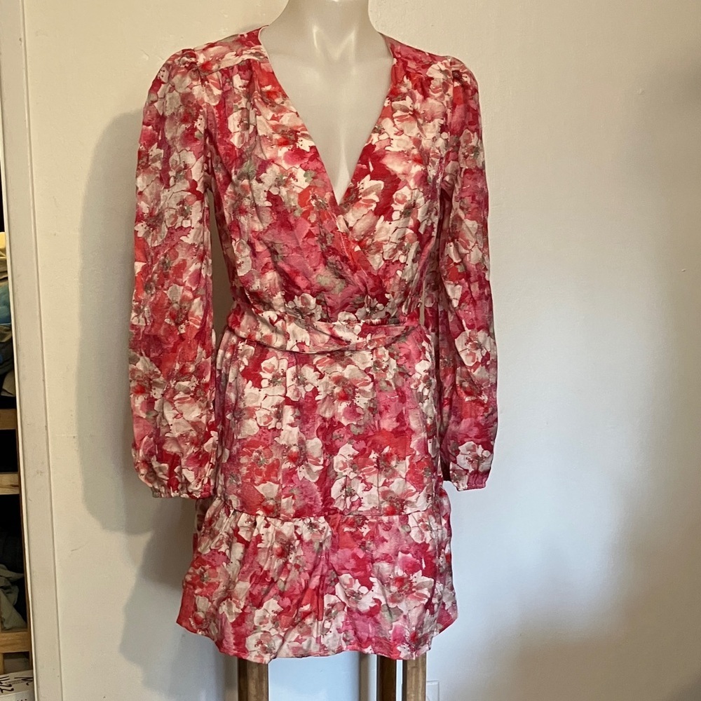 Mimi Chica floral mini dress / tunic surplice neck and ruffle tie back M